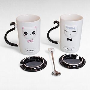 Cat Coffee Mug Set 2 with Spoon and Lids